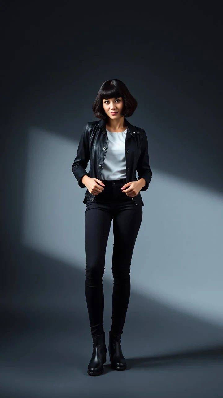 beautiful lady with short black curlay hair ,classic jacket and panta stand full body hands free release pose pretty boots ,simple background