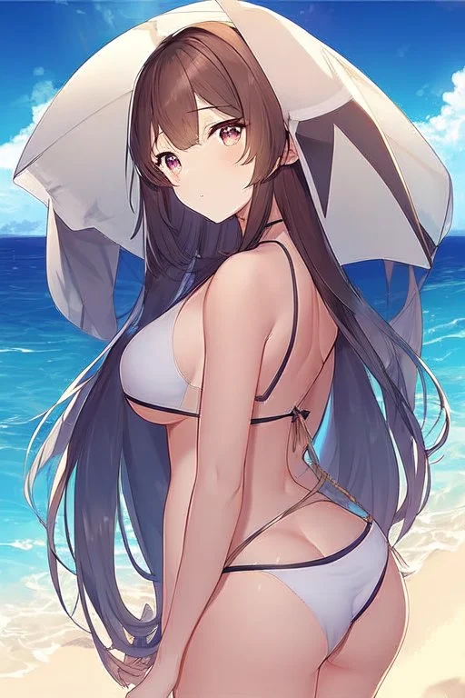 anime waifu at the beach in a bikini with her back turned