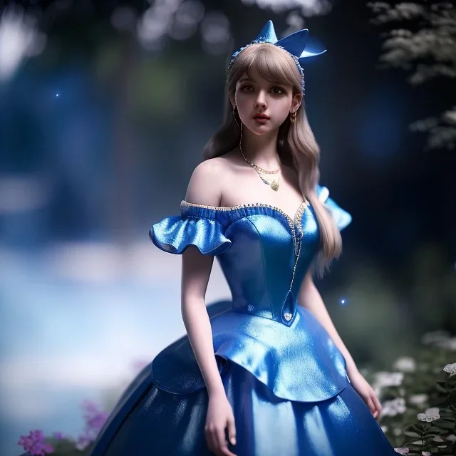 alice wonderland, blue dress, young woman, starry eyes, sinematic depth of field, alfons mucha, clay model, art blender,