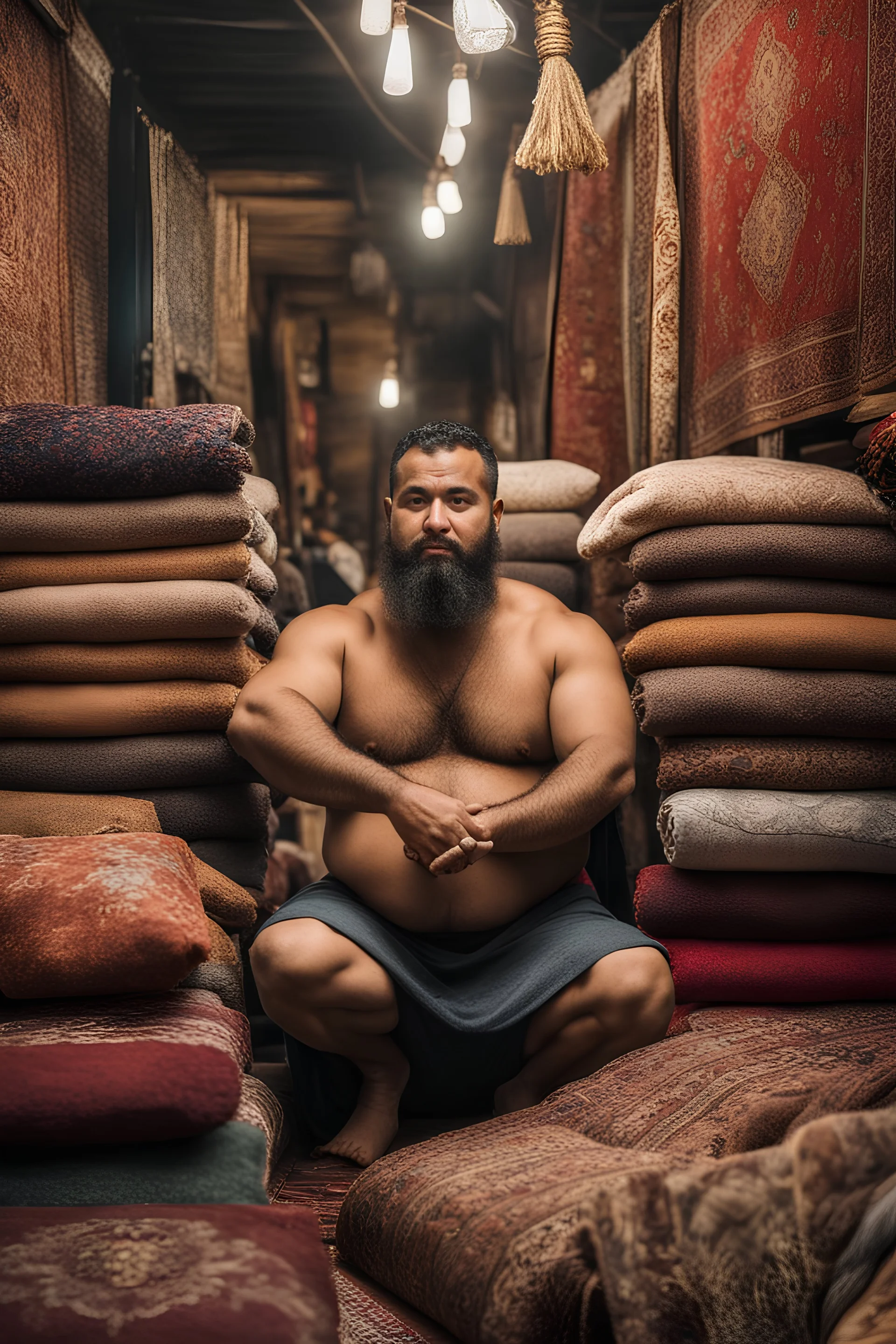 close up photography of a burly chubby muscular strong 34-year-old marocan man in Istanbul bazaar, shirtless, long beard, selling carpets sitting on a pile of carpets, big shoulders, manly chest, very hairy, side light, view from the ground