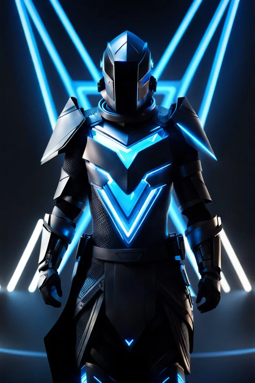 neon blue, floating triangle of light orbiting behind the back, cyber armor, geometric patterns on armor, male, orbiting triangle