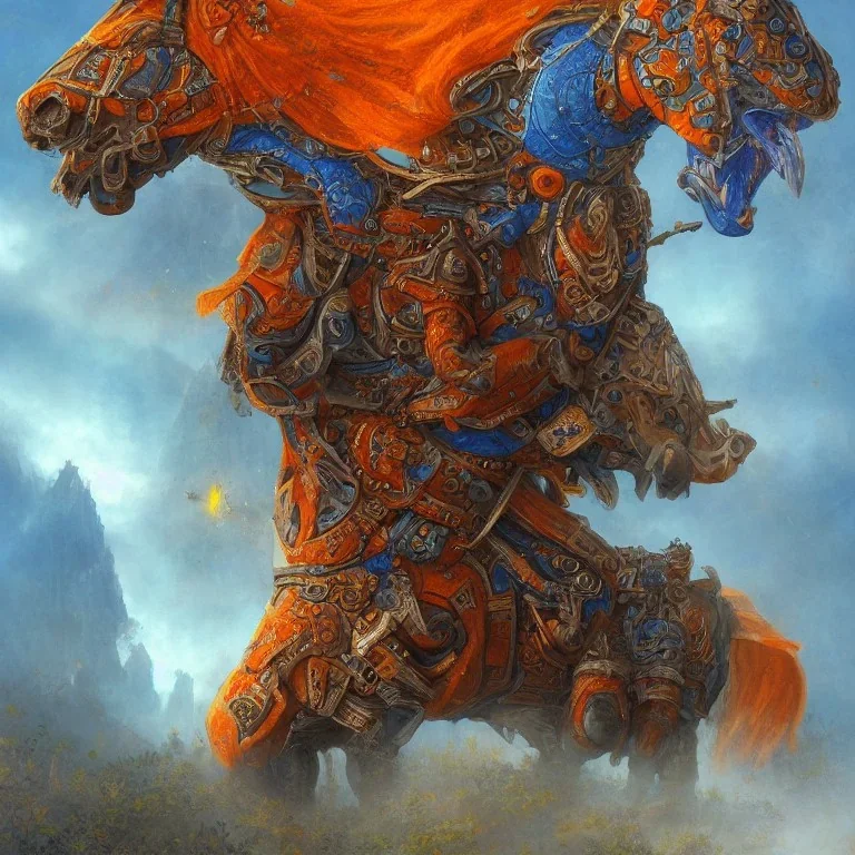 angry horse in orange and blue battle armor, Book of Kells style, a highly detailed illustration, background of Inka jungle, realistic render, 8 k, micro detail, intricate, elegant, centered, digital painting, Artstation, smooth, sharp focus, illustration, artgerm, tomasz alen kopera, peter mohrbacher, donato giancola, joseph christian leyendecker, wlop, boris vallejo