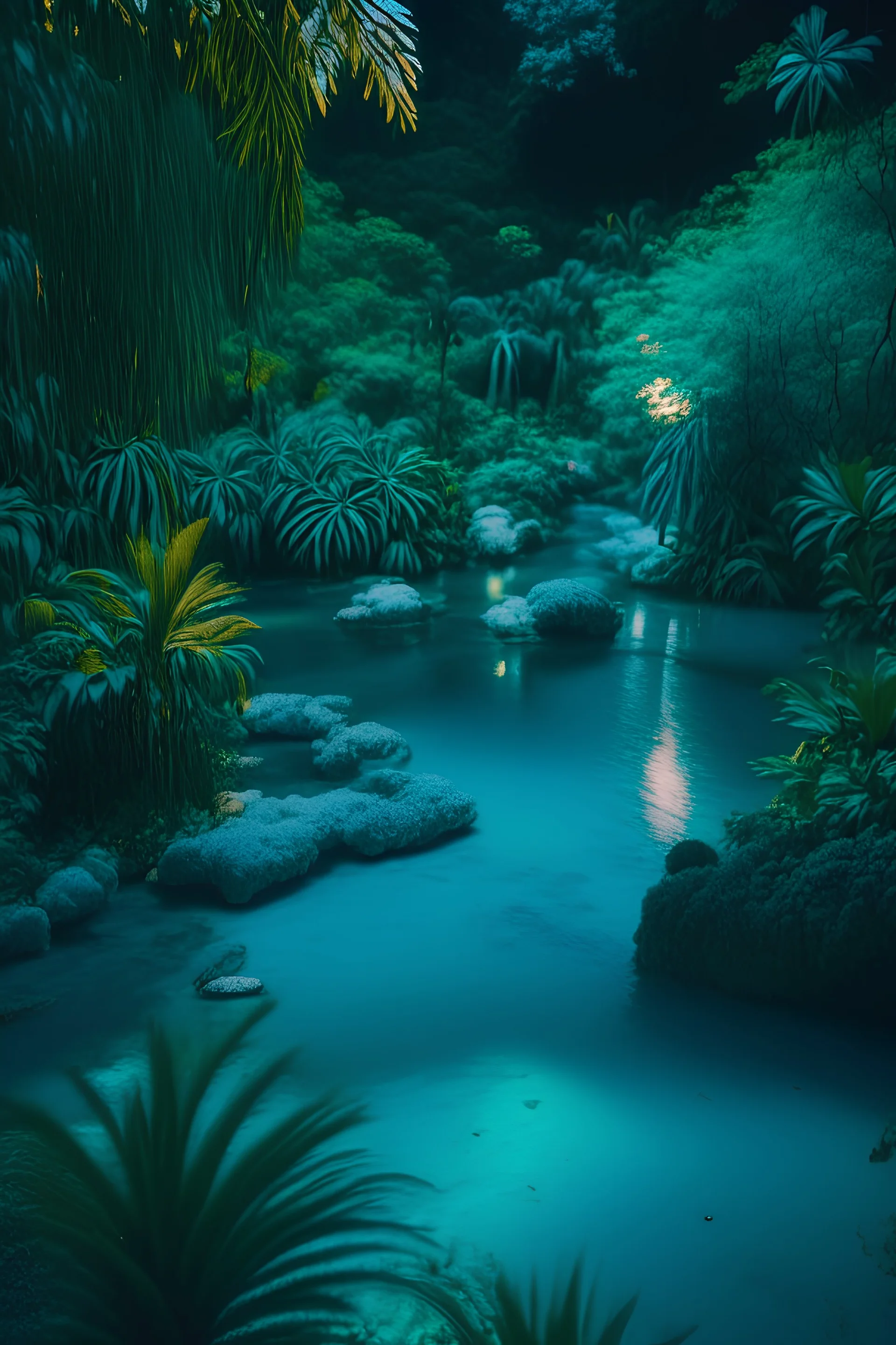 /imagine prompt: Color photo of a paradise,in wide view and light day, lush greenery, crystal clear waters, vibrant wildlife — night, Nikon D850, Fujifilm Velvia 100F, Nikkor 24-70mm f/2.8G ED, long exposure — Wes Anderson, Emmanuel Lubezki, Ansel Adams, Christian Dior, Gucci —c 10 —ar 2:3