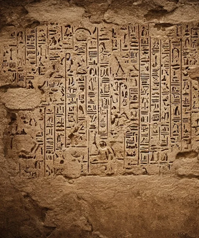 Ancient ruin wall depicting hieroglyphs of futuristic technology