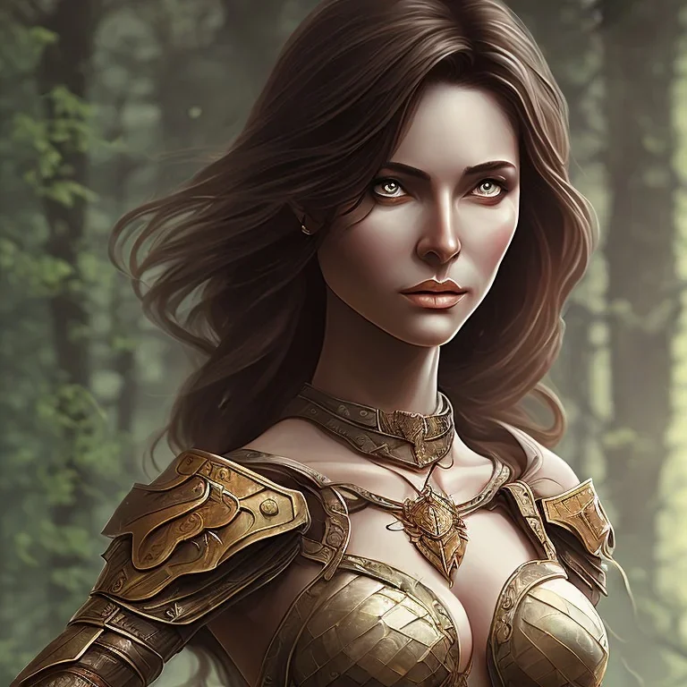 dungeons and dragons, female human, druid, brown hair, brown eyes, full body, realistic face, short hair, hair tied back, large nose, closed mouth, nature armor, face scars, tan skin