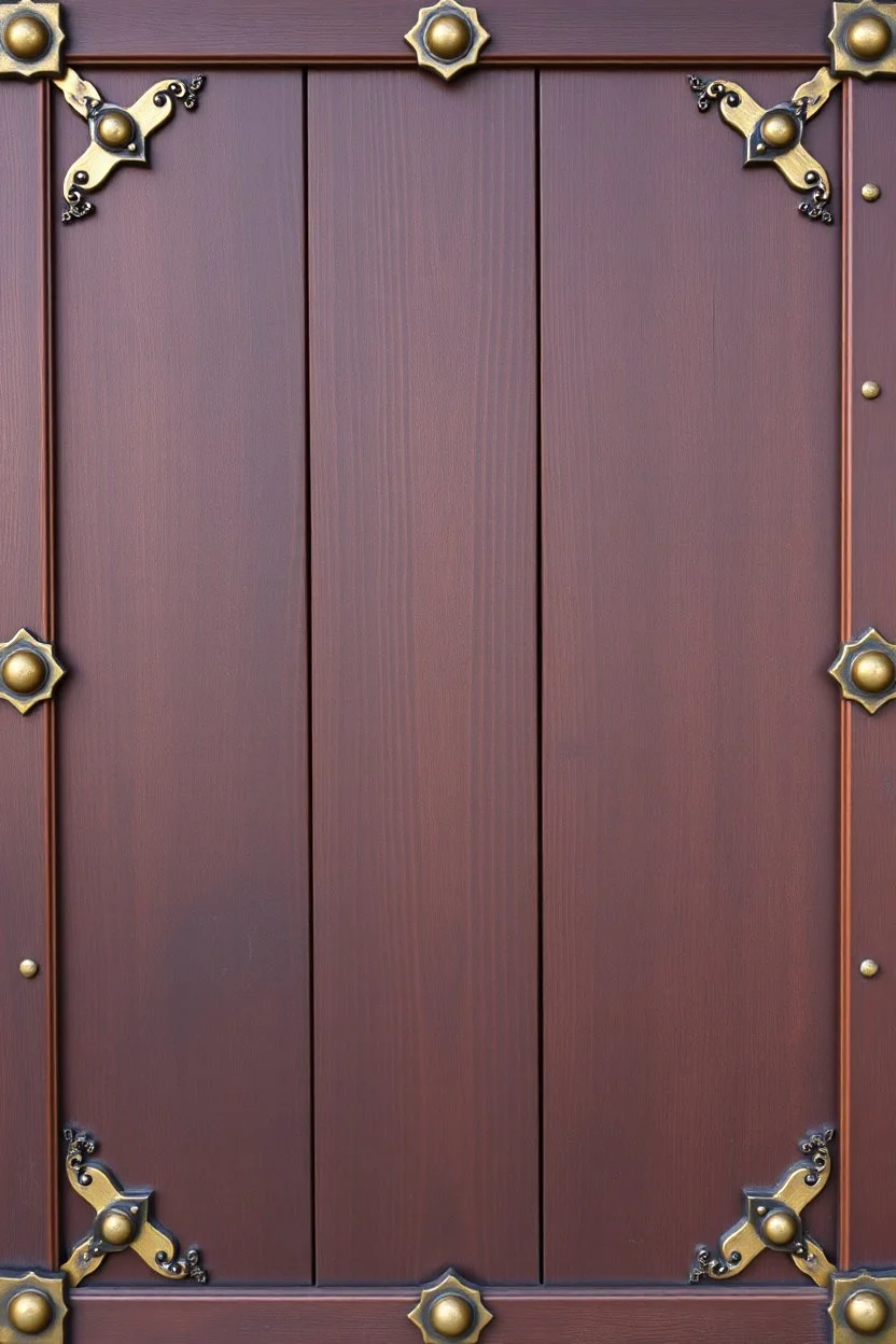 darker wood panel background, framed by decorative western style brass elements in each corner