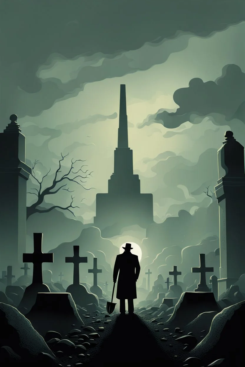 An image of a desolate graveyard under a brooding sky, a lone grave digger with a shovel, surrounded by abstract, futuristic elements. The open grave is filled with crisp, high-resolution stacks of money, conveying a sense of isolation and melancholy.