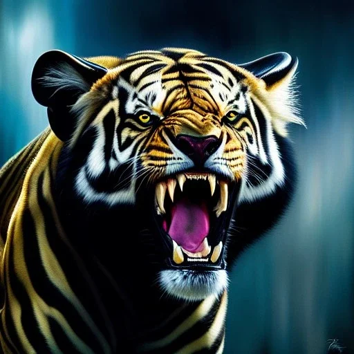 Ultra detailed fullbody Portrait in oil on canvas of Venom fusions Sabertooth(marvel) ,intense stare,extremely detailed digital painting, extremely detailed face,crystal clear Big eyes, mystical colors ,perfectly centered image, perfect composition, rim light, beautiful lighting,masterpiece,8k, stunning scene, raytracing, anatomically correct, in the style of robert e howard and Ken Kelley and Ohrai Noriyoshi and Simon Bisley and tomzj1