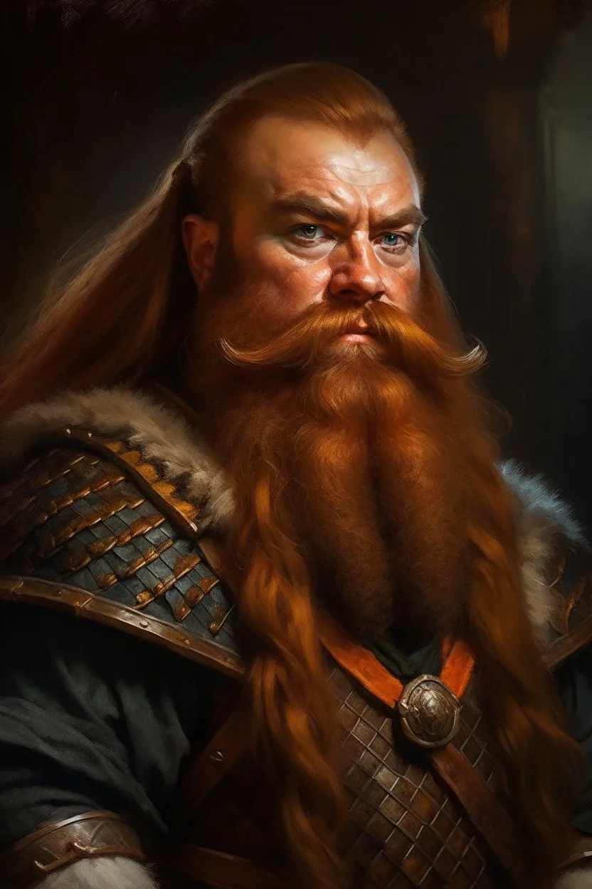 portrait of a stout and rugged dwarf with sturdy build, slightly tanned skin a thick ginger beard and long ginger hair, thick eyebrows, wearing chainmail armor and fur lined coat with a battle axe and warhammer on each shoulder. in oil painting