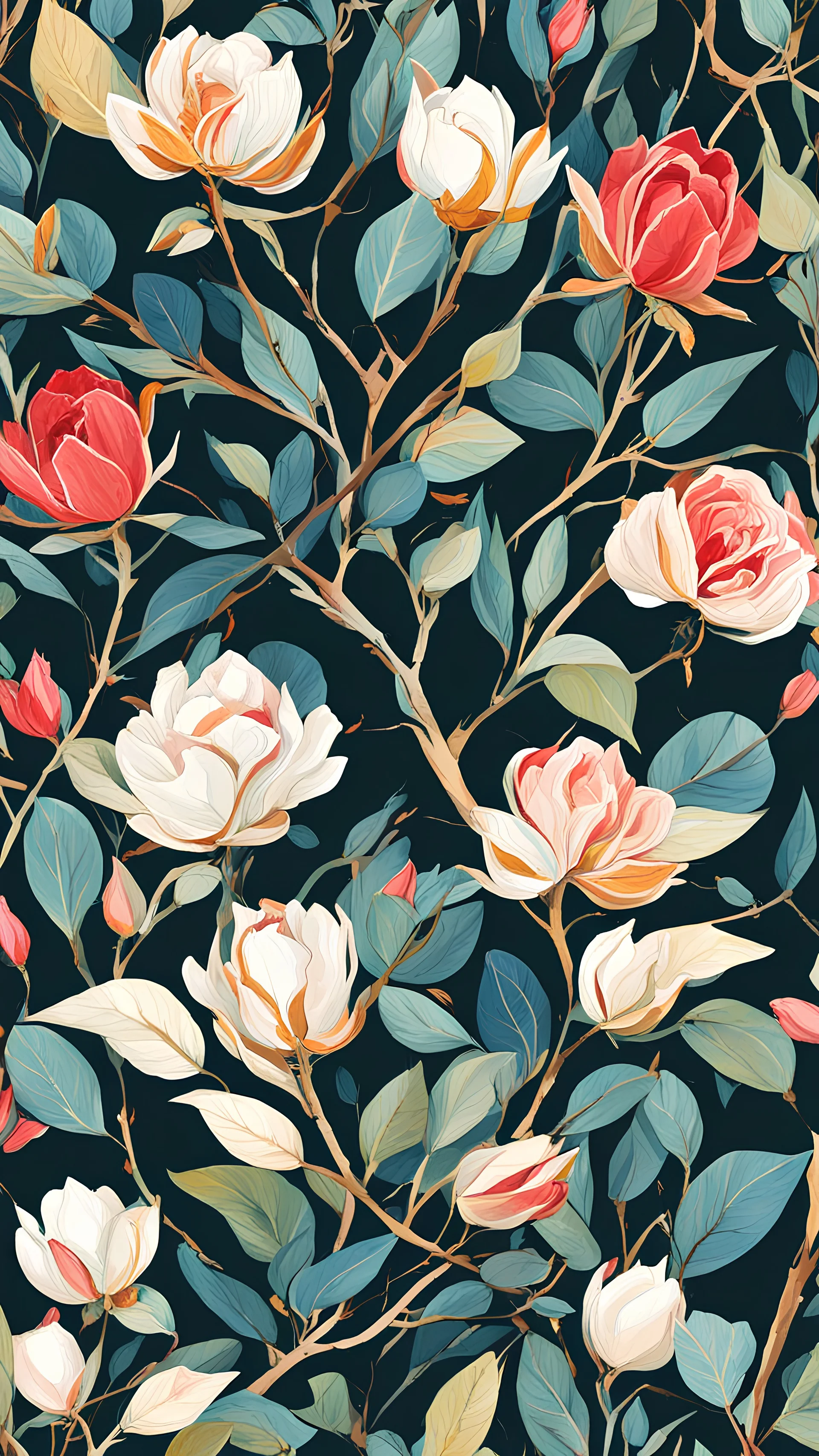 branches, rosebuds, thorns, 2d, vector style, flat vector style, flat colors , floral pattern, repeat, wallpaper, art nouveau in Gouache Style, Watercolor, Museum Epic Impressionist Maximalist Masterpiece, Thick Brush Strokes, Impasto Gouache, thick layers of gouache watercolors textured on Canvas, 8k Resolution, Matte Painting kintsugi poster art