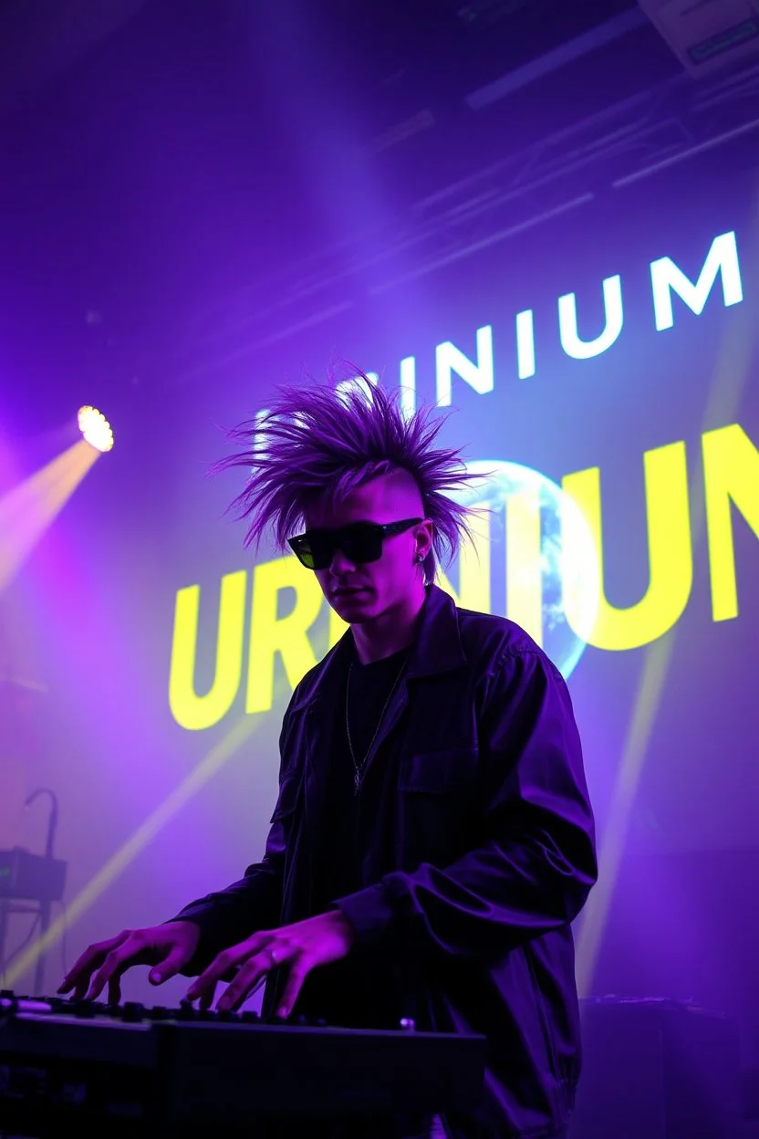 French cool synth player with crazy techno acid hair, he is called "Jean-Maurice Brûlée" performing at dance club, his name is "Jean-Maurice Brûlée" , white and purple Neon lights and purple smog, yellow water shower rain sprays, and "URINIUM" big sign on the wall, he is playing on synthesizers on stage with lot of laser beams and wearing black sunglasses, an earth is projected in background