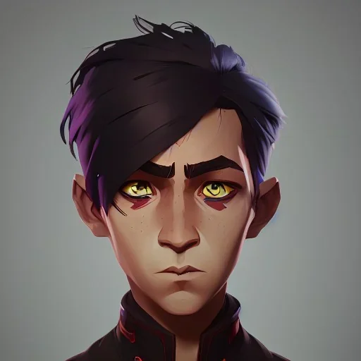 Portrait of a 9 year old warlock boy with charming eyes Nick Harris style