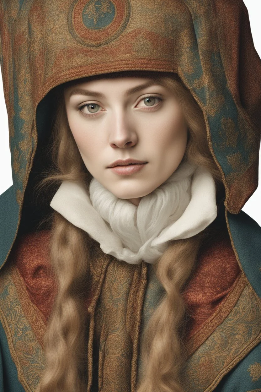 Half body portrait of a young woman in winter clothes in the style of jan van eyck in colors on a white background