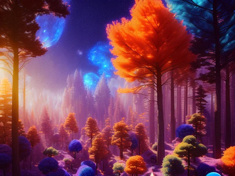 orange and blue crystal cosmic and galactic ambiance hill sky sunny trees , full of details, smooth, bright sunshine，soft light atmosphere, light effect，vaporwave colorful, concept art, smooth, extremely sharp detail, finely tuned detail, ultra high definition, 8 k, unreal engine 5, ultra sharp focus