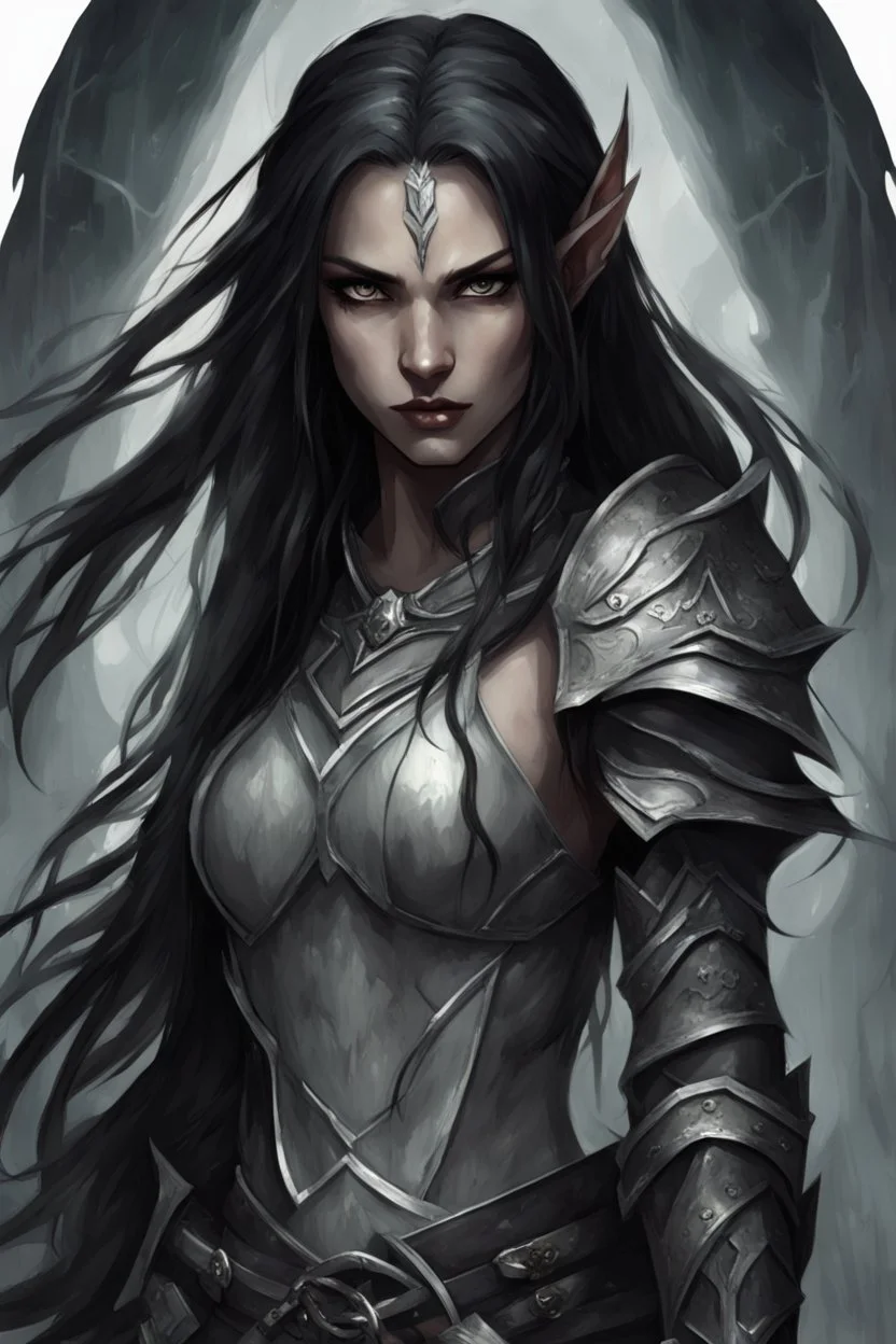 A female elf with skin the color of storm clouds, deep grey, stands ready for battle. Her long black hair flows behind her like a shadow, while her eyes gleam with a fierce silver light. Despite the grim set of her mouth, there's a undeniable beauty in her fierce countenance. She's been in a fight, evidenced by the ragged state of her leather armor and the red cape that's seen better days, edges frayed and torn. In her hands, she grips two swords, their blades spattered with an eerie green blood