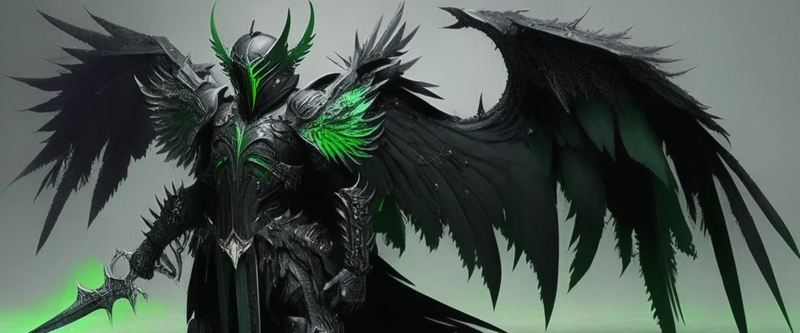 armadura negra y verde de alas negras con una lanza
