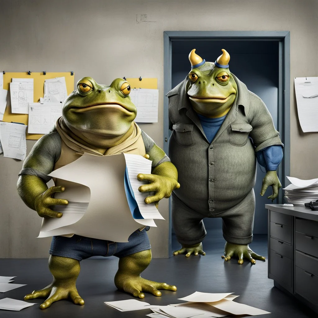 in front the camera be seen up to the waist a fat yellow-green color angry anthropomorphic frog in simple human cloths and take his hands many paper in office, on the wall hang an wall board with some written sheets of paper, behind in background standing an anthropomorphic strong gray rhinoceros in blue jeans t-shirt behind in halb open door , dark colors, detailed 3d, sci-fi, fantasy mood