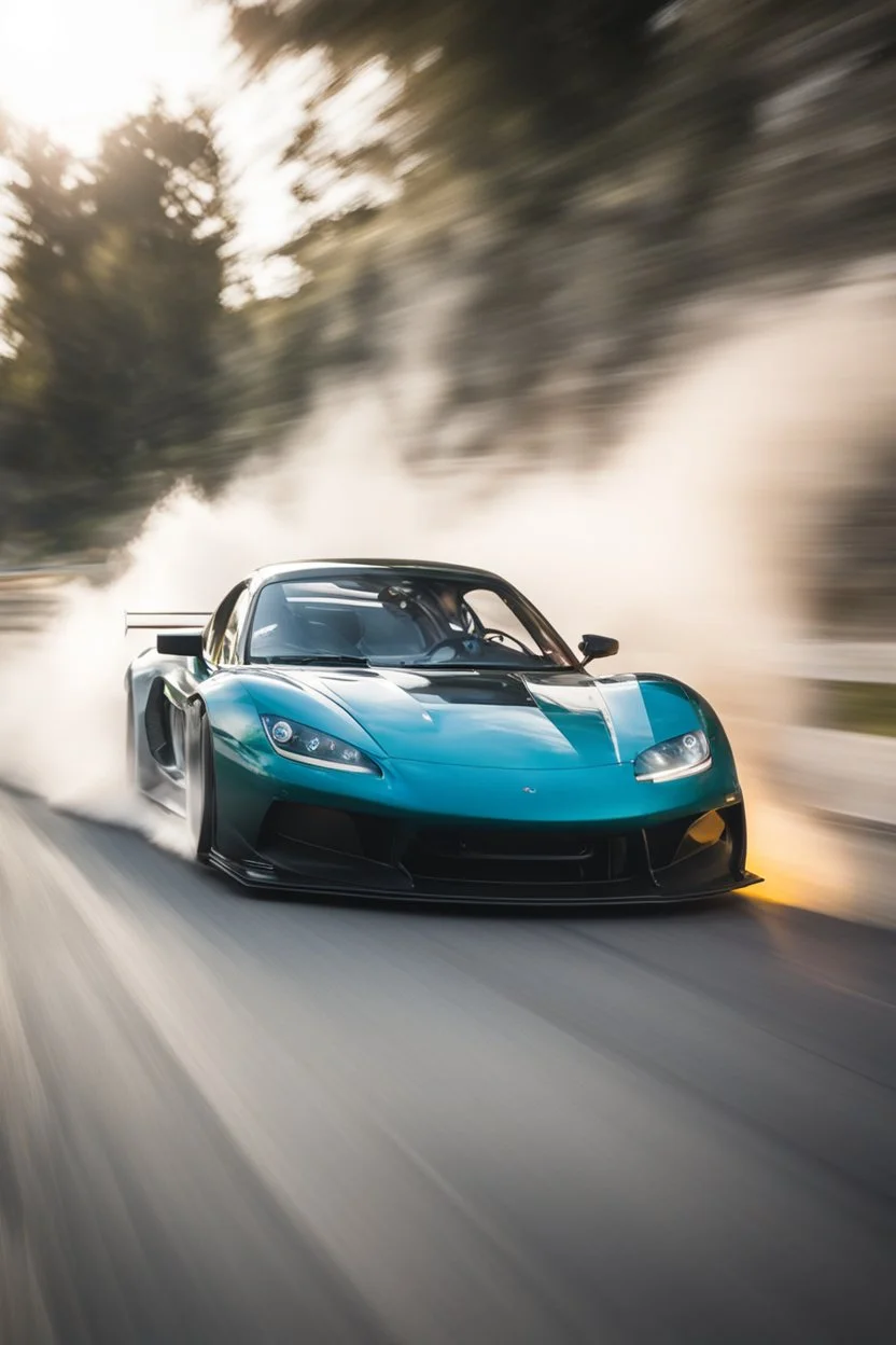 Facing front Sports car drifting around a corner, motion blur, narrow depth of field, lens flare, dynamic angle, asphalt spray, high octane energy