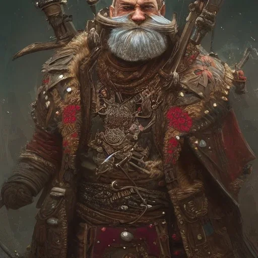 Insanely detailed photograph of an “warrior santa” with intricate detailed beard, intricate embroidered clothing, hyperdetailed painting by Ismail Inceoglu Huang Guangjian and Dan Witz CGSociety ZBrush Central fantasy art album cover art,8K, hdr, romantic, mysterious, ominous, flowers, jewelry, steam,oil,cafe,street vendor,steamship,D&D