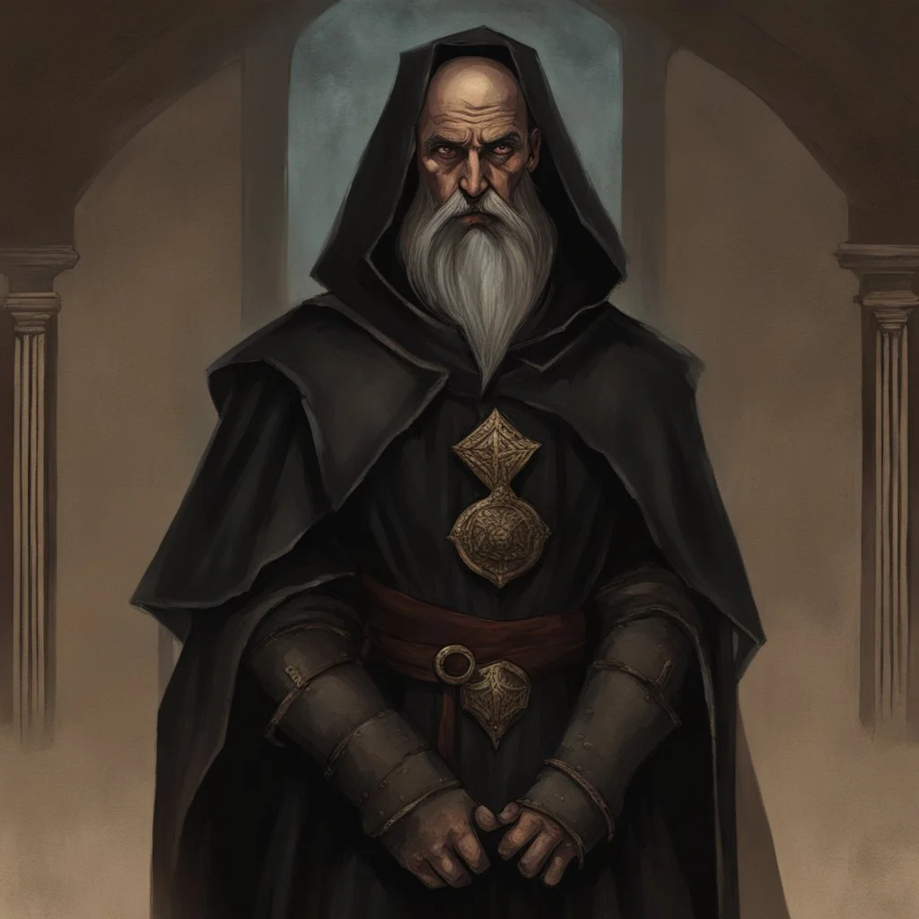 Dnd, fantasy, portrait, archimage, in style of medieval fresco, ruthless, violent, old, black robe