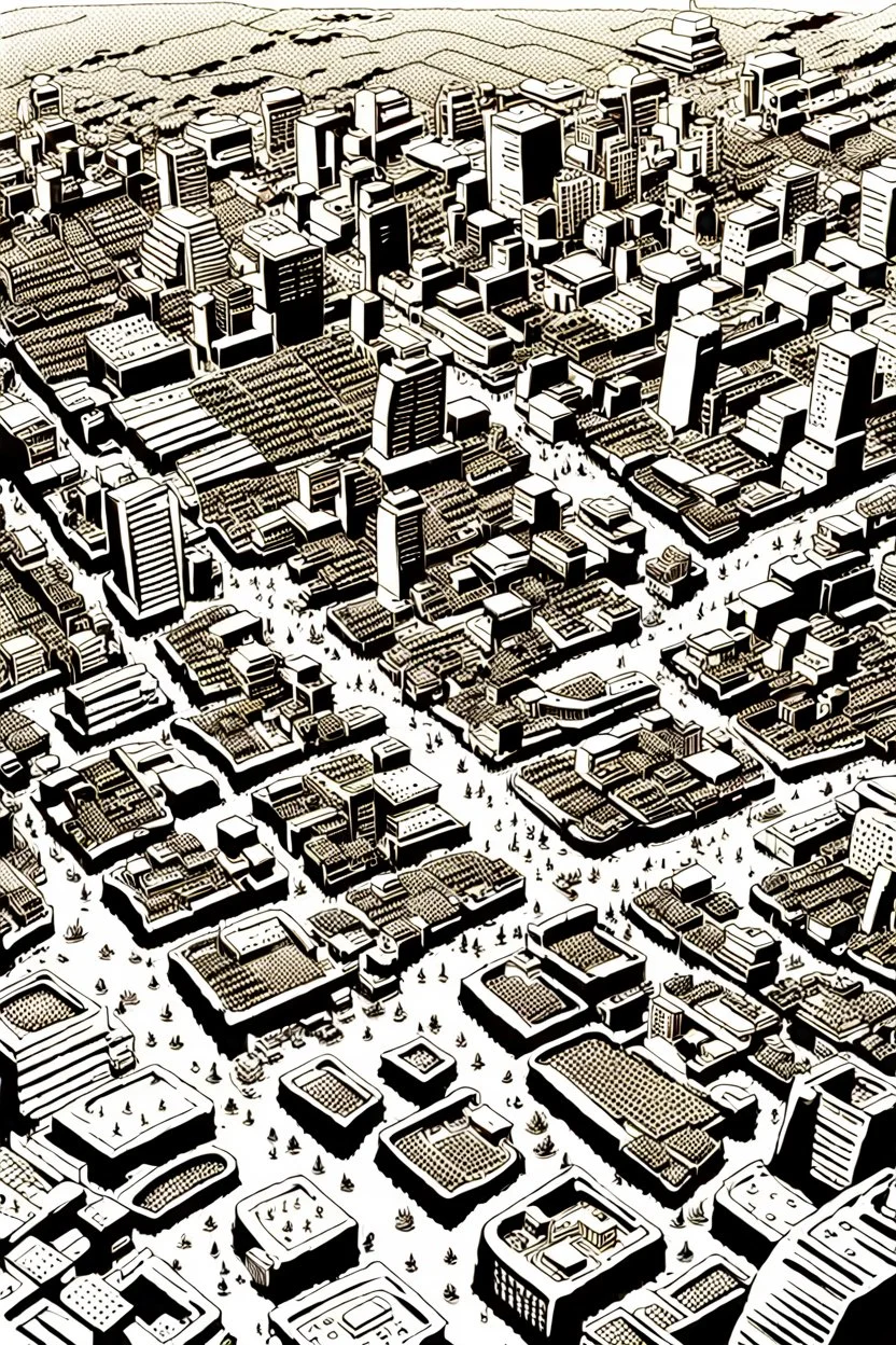 Tokyo city view from very above. manga style, black and white, no pattern