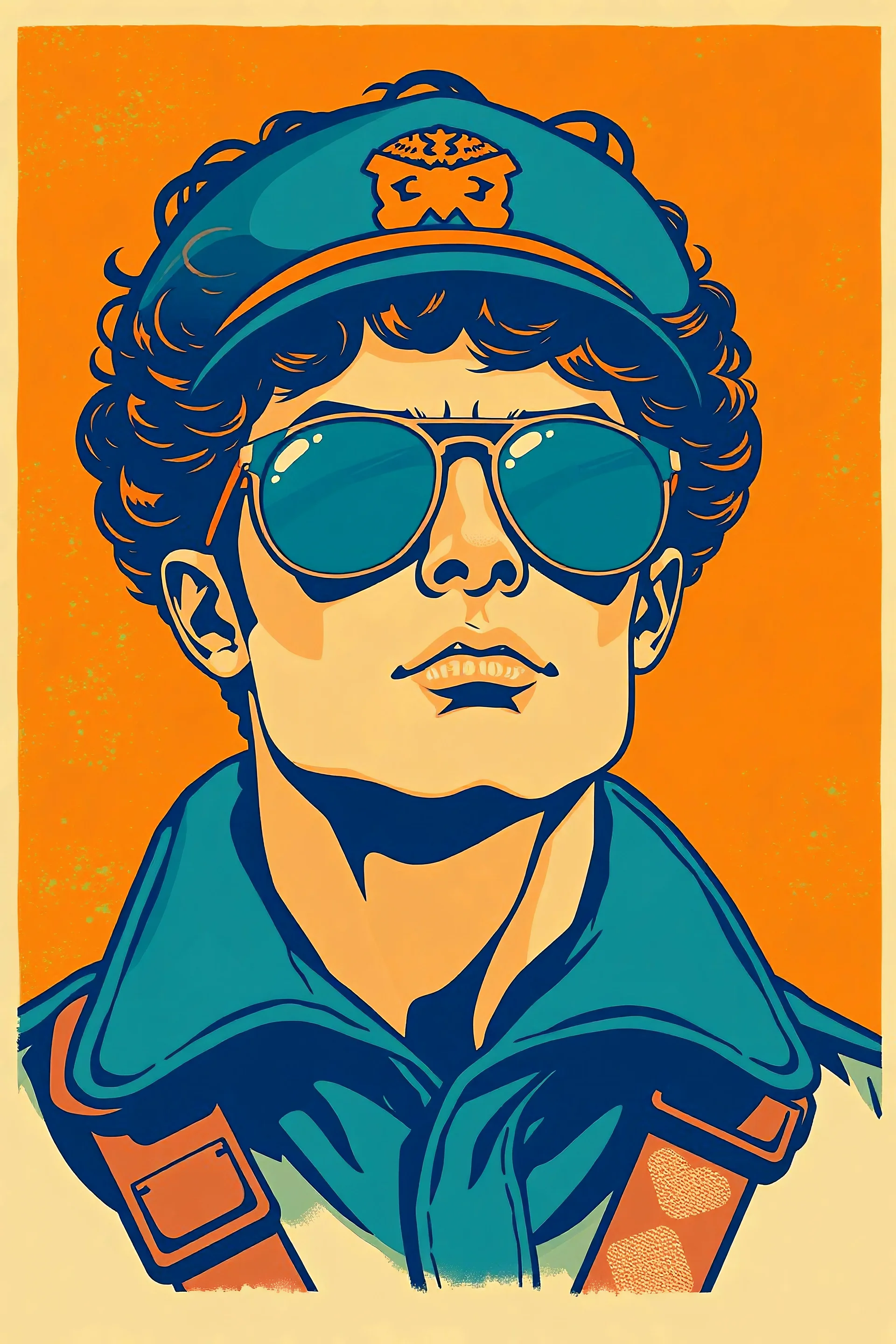 A retro illustration of a soldier with sunglasses and curly hair, wearing teal , round face , against a bright orange-blue Otto Dix textured background, in the style of vintage poster design, in the style of Hugh Kretschmer, in the style of Ross Tran, in the style of Fluid Forms, in the style of Peter Max, and in the style of J.C. Le Capitaine, high resolution.