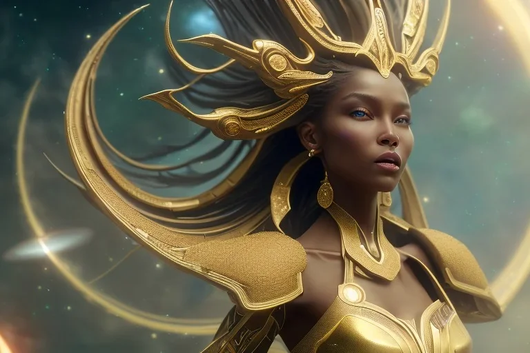  beautiful cosmic woman with bronze color skin, long hair, nice smiling, magic glamour make up, delicate colors, beautiful glamour galactique dress, ultra sharp focus, 8k, unreal engine 5, extremely sharp detail, light effect, soft light atmosphere of a spaceship, smooth, full of details, face in front, complete vision of face and hair and body