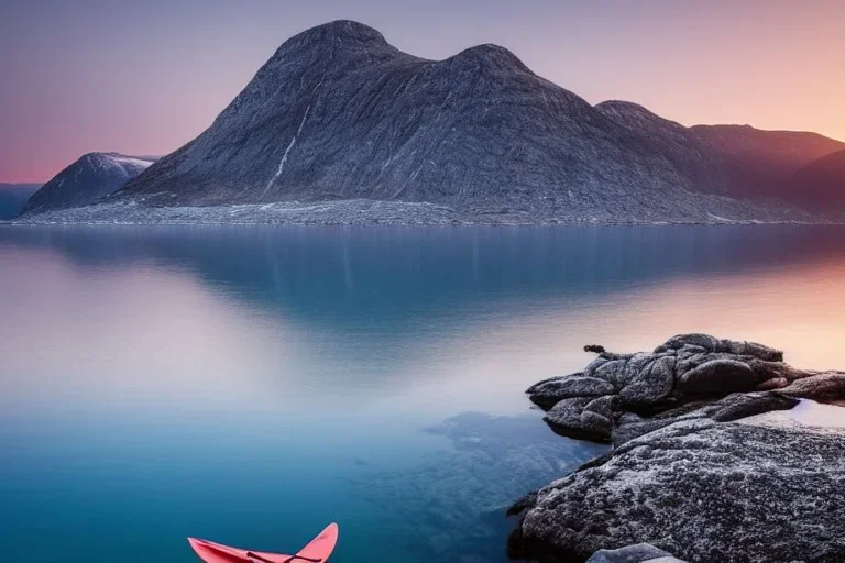 highly detailed glacial lake landscape, sunset, cinematic lighting, 4k, 8k, octane render, trending on 500px, pinterest, extremely detailed, ambient lighting, single frame, tiny kayak on rock pebble beach in foreground, norway