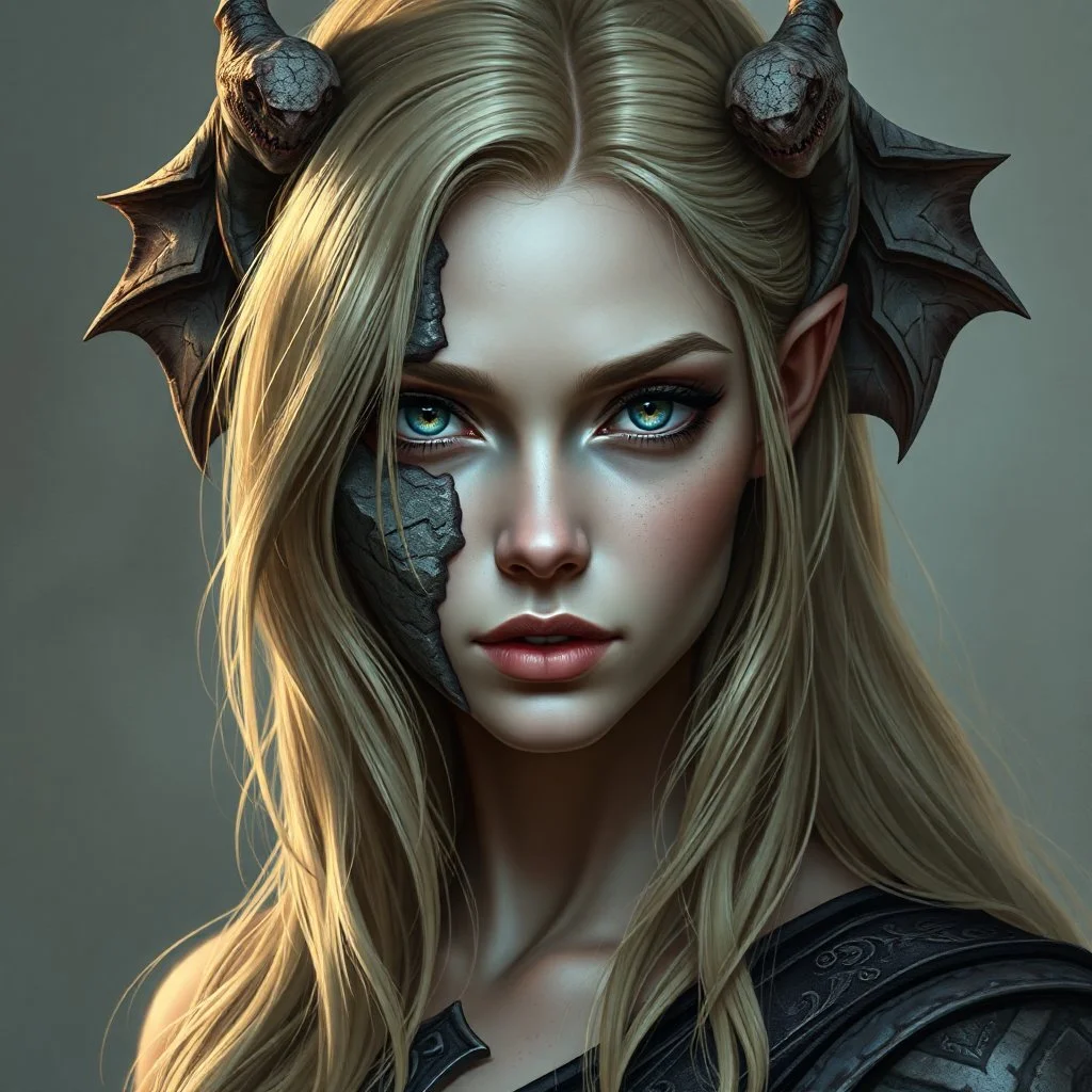 a portrait of an attractive blonde fantasy woman whose face is partially made of stone, medieval, gothic, digital art, stylised, gargoyle