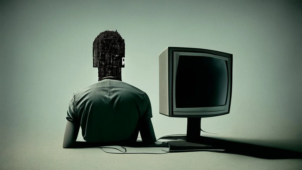 man no head, with monitor as head,
