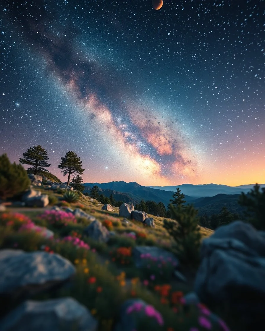 Hyperrealistic, colorful, peaceful landscape, Polaroid photo, night sky filled with galaxies, planets and stars, rocks, trees, flowers, sharp focus, 8k, deep 3d field