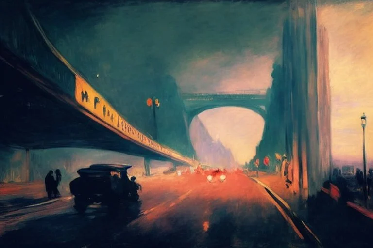 street, highway, bridge, distant city, city lights, people, cars, buildings, mist, lesser ury and edouard manet painting