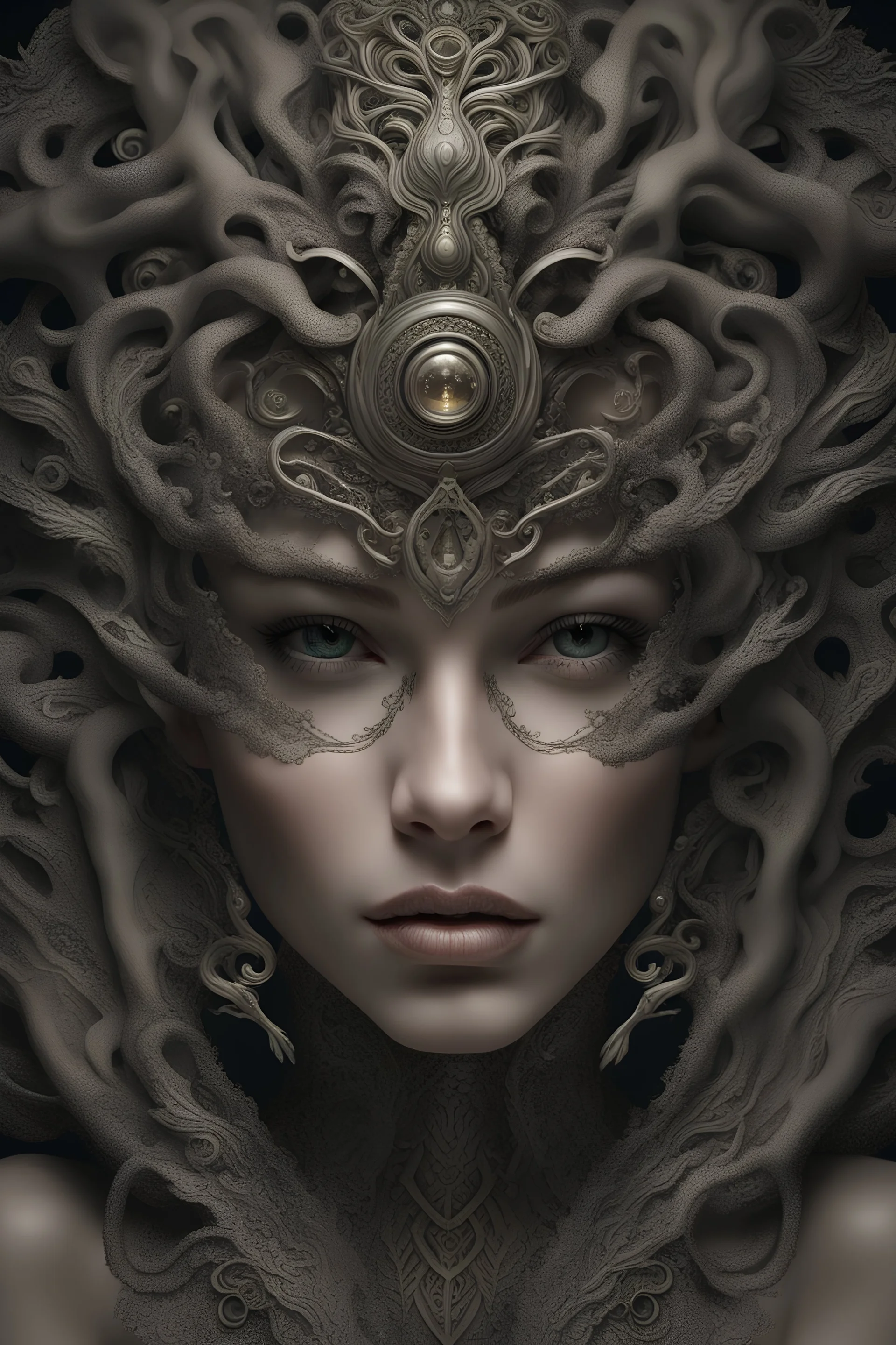 realistic photo of beautiful woman, fantasy, fine detailing, hyperdetail, complex detailing, mixed with biomechanics, ventacher filigree, well-drawn eyes, ornate detailing, perfectionism, hypermetamorphosis, super detailed skin, ultra-detailed metal, dark style, Greg Rutkowski, chamber portrait, blurry dark background, with soft lush curly warm white long hair, perfect symmetric eyes, gorgeous face, sharp focus, masterpiece, best quality, backlight removal, panoramic shot, HD result, cinematic p