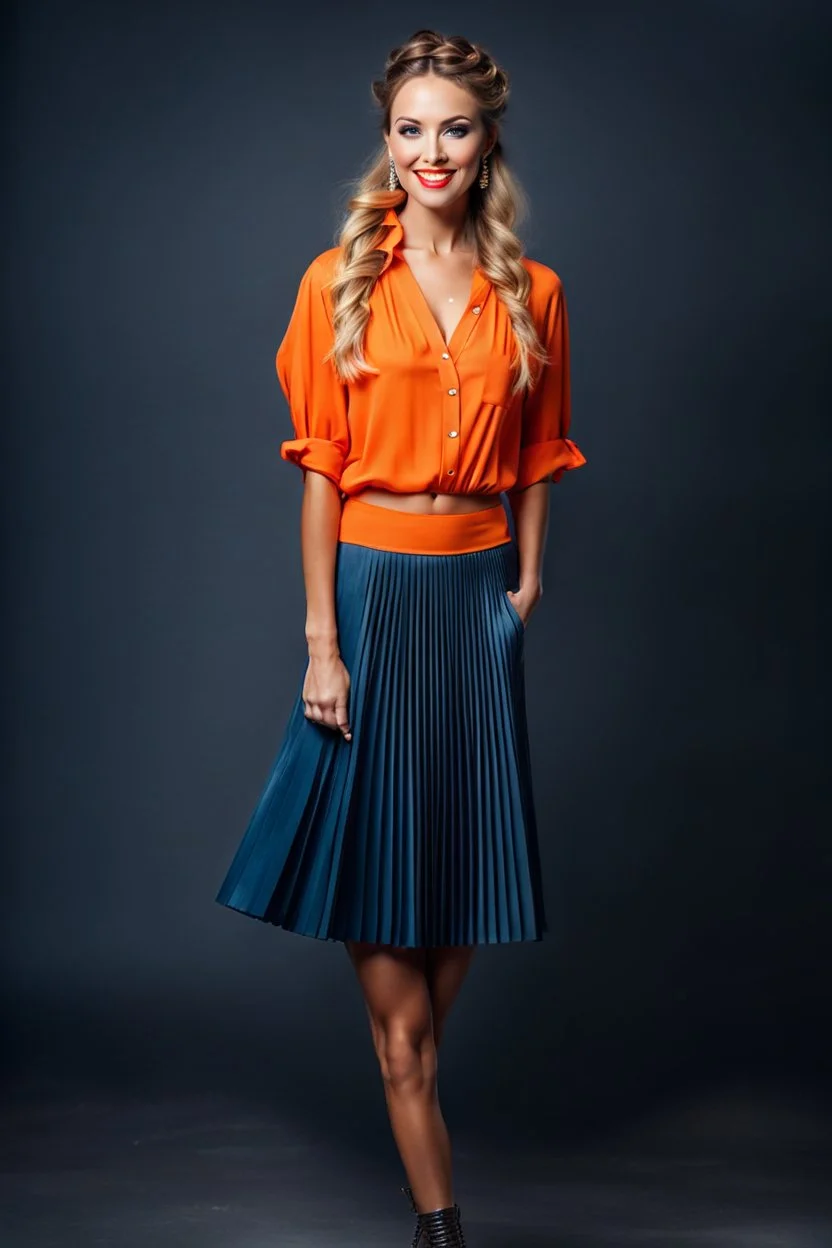 full body of very beautiful lady midi blue pleated skirt and orange bluse , Braided hair ,standing idle happy pose in studio pretty makeup,dark background