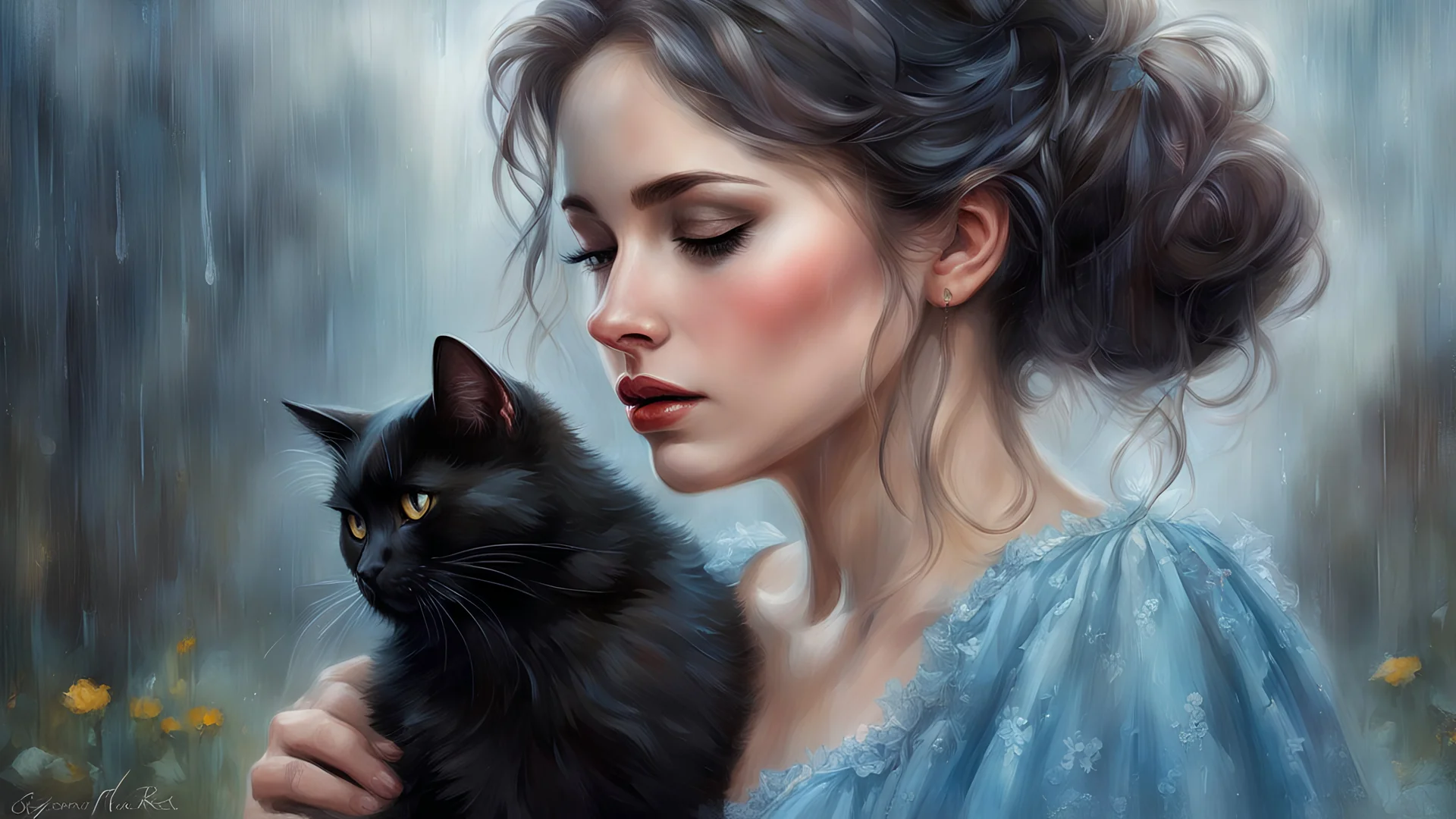 rainy weather, sadness, melancholy, a woman with dark brown hair crying and kissing a black cat on the forehead, light blue dress, painting half of the body The art of Martina Fachkova and Ryvinko perfect is an award-winning 16K beyond perfect digital painting in the style of beyond perfect, a detailed painting inspired by Konstantin Makovsky, Rebecca Guai, Konstantin Makovsky, Cameron Gray and Gray Carol Buck beyond.