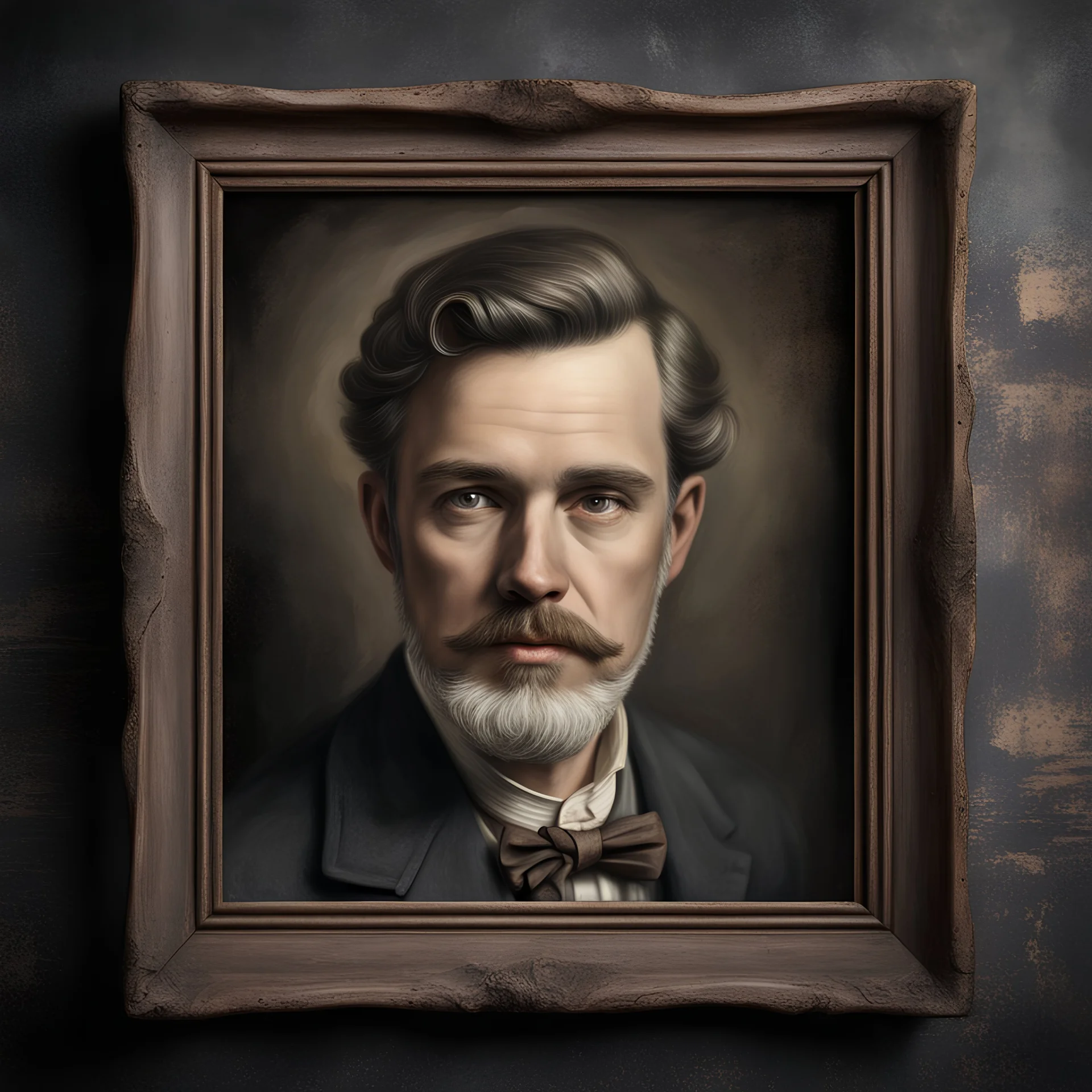 Hyper Realistic vintage frame portrait of Henry Avery on a rustic dark wall