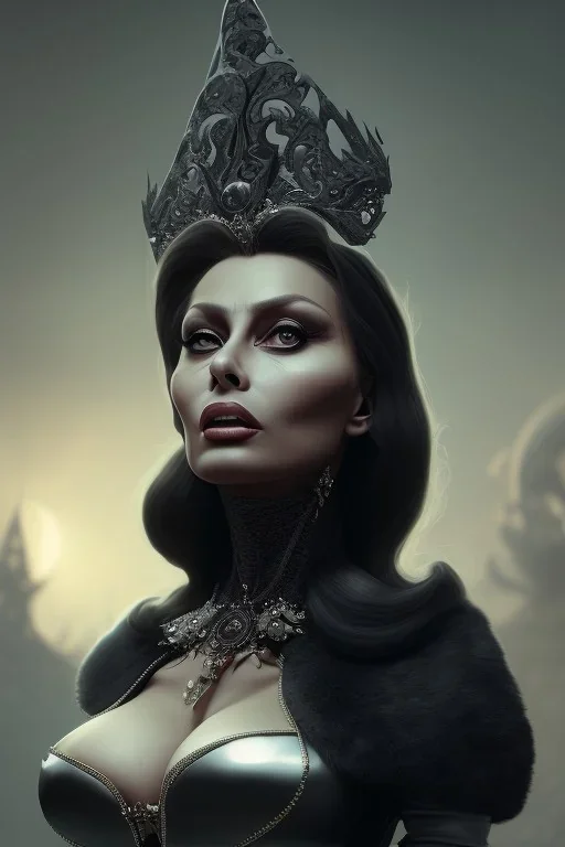 Sophia Loren as evil queen in black leather, cleavage, angry, stern look. character design by cory loftis, fenghua zhong, ryohei hase, ismail inceoglu and ruan jia. unreal engine 5, artistic lighting, highly detailed, photorealistic, fantasy