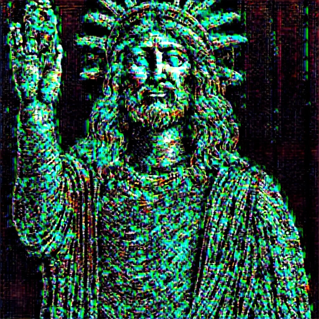 line toned, hedcut, wsj style, statue of cruicified Jesus of Liberty with a beard and wearing a cross and hanging from a cross, The statue male, hyperdetailed intricately detailed photoillustration ink drawing dystopian 8k resolution entire body of the statue is in the picture. digital illustration telephoto lens photography , same colors as the us treasury's one dollar bill, crucified"