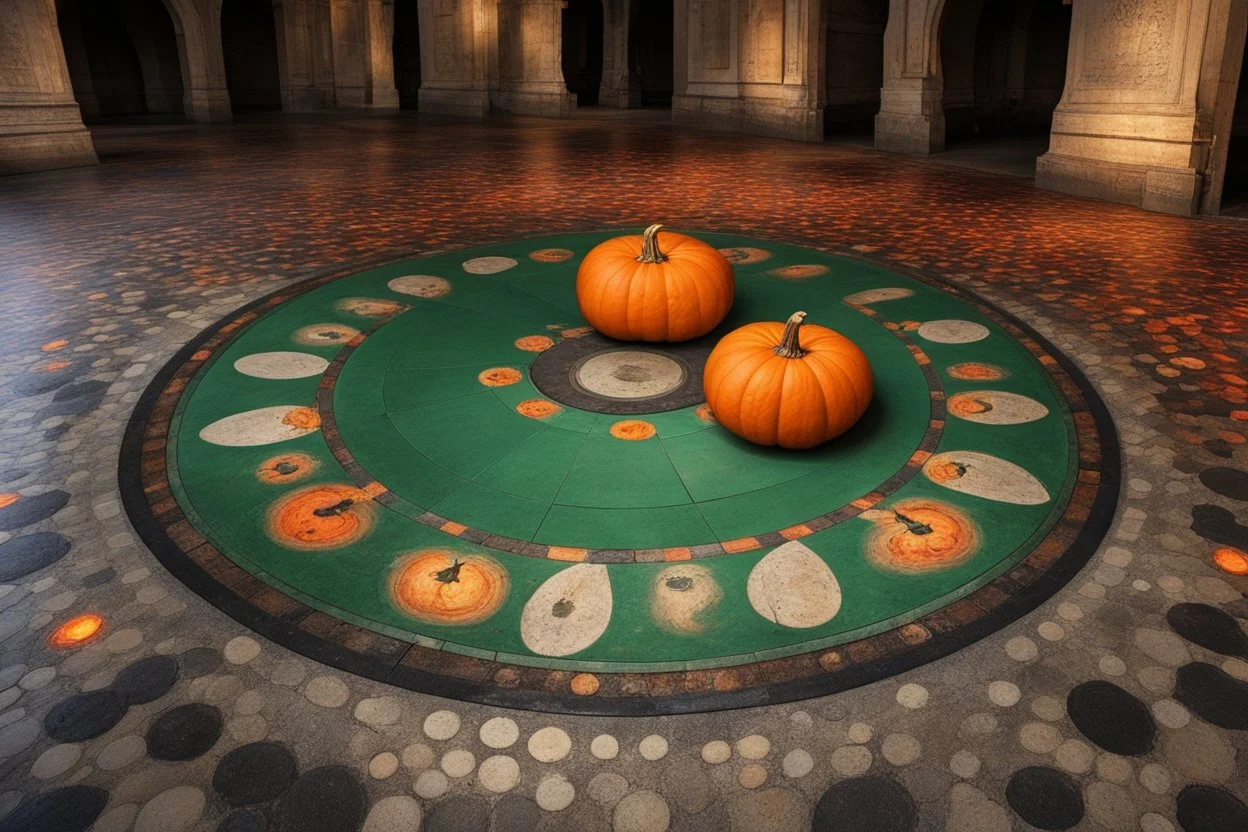 Пол, он выглядит не как обычные, каменные или с другим покрытием, а как что-то круглое, разными цветами. А точно! Колесо рулетки, как были в казино. Вокруг были тыквы, слишком подозрительные чтобы быть правдой и излучали пламя зеленого или обычного, привычного цвета. Так же в склепе были пару Хэллоуинских декораций что напоминали саму суть праздника, в левой стороне, а по правую сторону, Рождественские? В центре было пугало