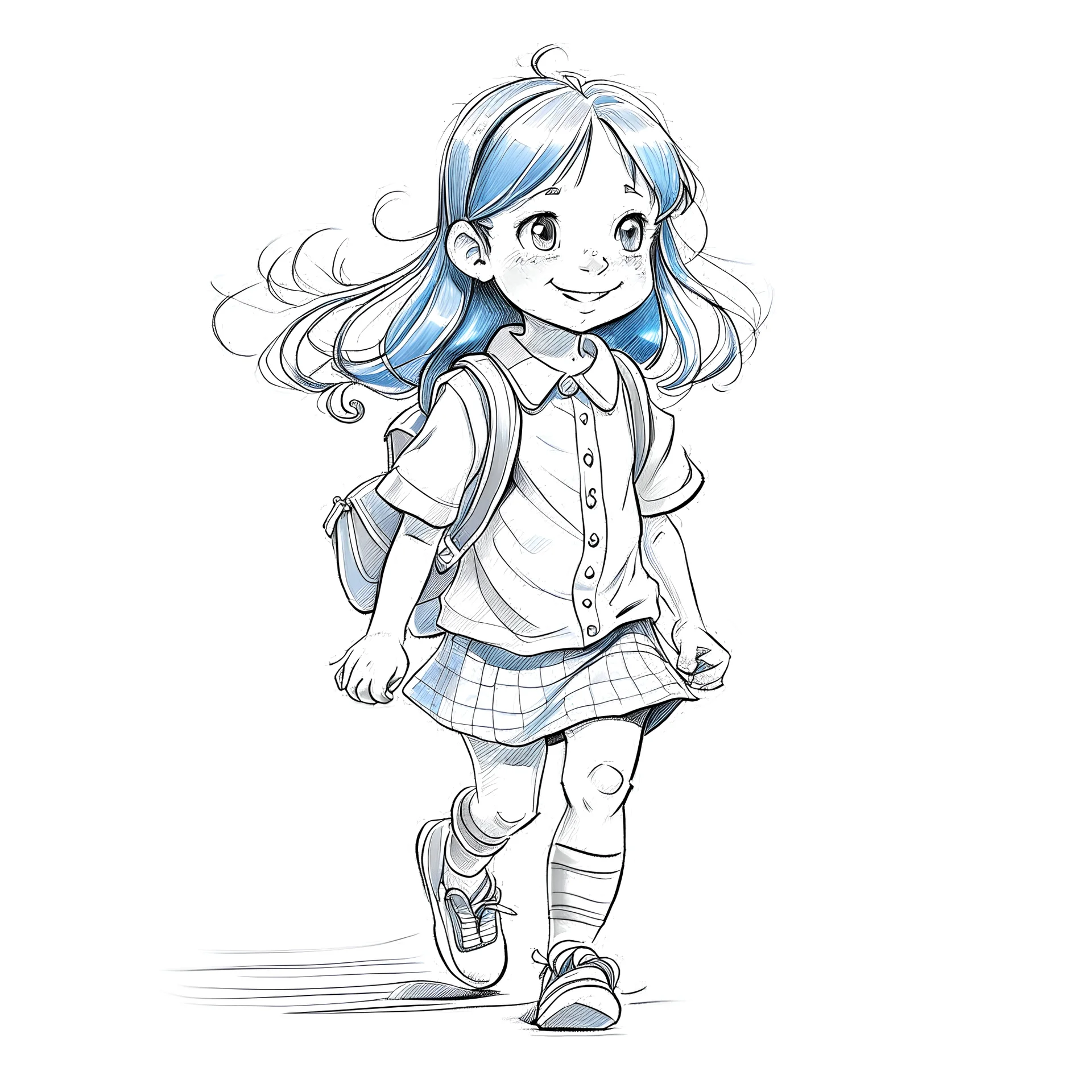 Happy little girl going to school Pencil sketch