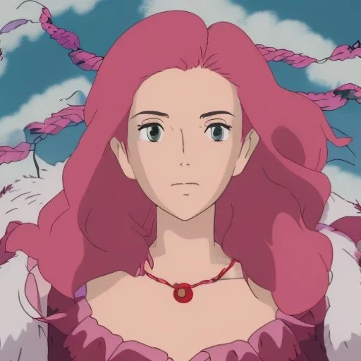 Young, Beautiful, Fire witch, round face, pale skin, wild curly pink hair, red eyes, pink and red eyeshadow, pink glossy lips, wearing a pink witch, wearing a red crystal necklace