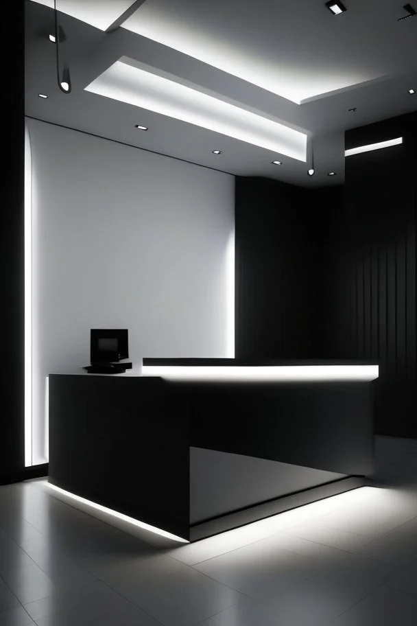 Reception desk with black walls, white floor, and hidden or rich lighting