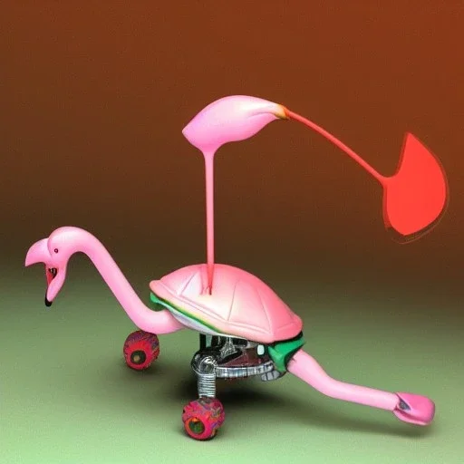 A anthropomorphic turtle riding a robotic flamingo in 3d