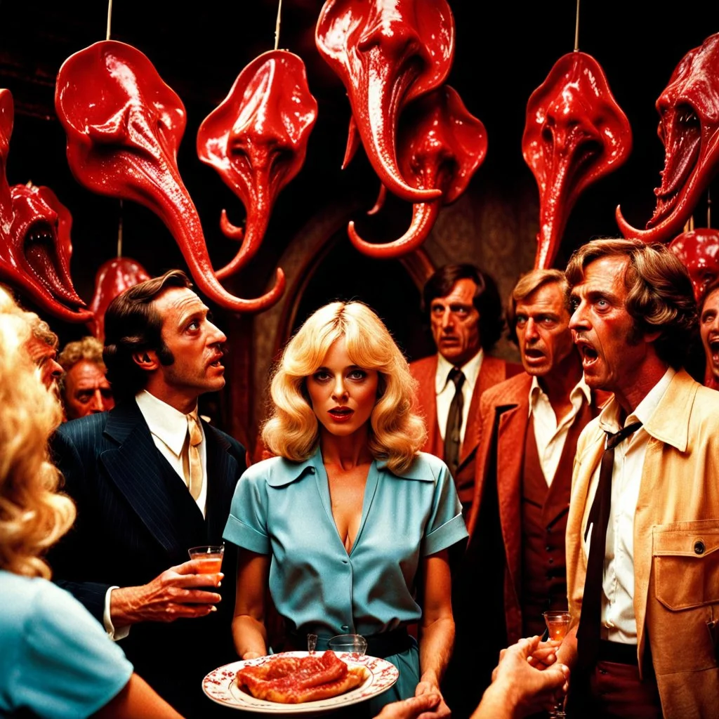 Horror movie shot, hot, ultra realistic, dine, horns, ultra realistic hot blonde women, party, pieces of meat, organs, hot dynamic, very excited people, hypermaximalist figures, light, 1970's Italian horror movie, sinister,, Dario Argento, Stanley Kubrik, ornate, 4k, photorealism