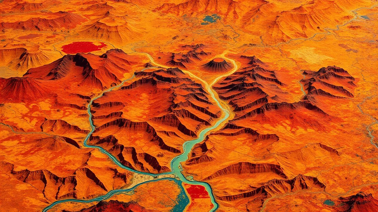 A sprawling continent where landscapes resemble the chaotic beauty of a Jackson Pollock painting. Mountains, valleys, and rivers are formed from the collision of molten colors, forever frozen in time. Each visit reveals new patterns and shapes, as the geology continues to shift and change in response to seismic activity deep within the planet's core.