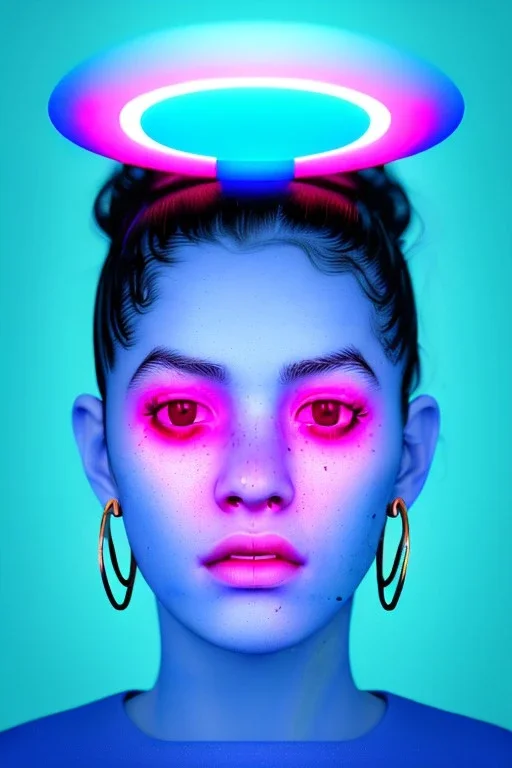 Ultra Realistic image, Rosalía artist, waist up portrait, black eye line, angry face , gold pink and blue geisha style, spray line make up, geometric, led lights, neon, rings piercing, led ornament, fog, bubble latex coat, vibrant color, highly detailed, art stations, concept art, smooth, unreal engine 5, god rays, ray tracing, RTX, lumen lighting, ultra detail, volumetric lighting, 3d, finely drawn, high definition, high resolution.