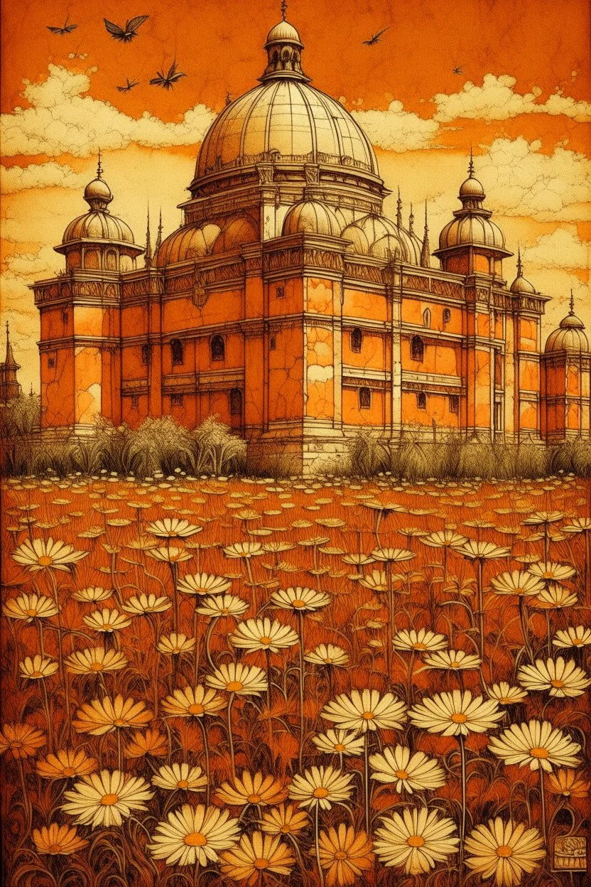 An orange colored desert palace with daisies painted by Leonardo da Vinci