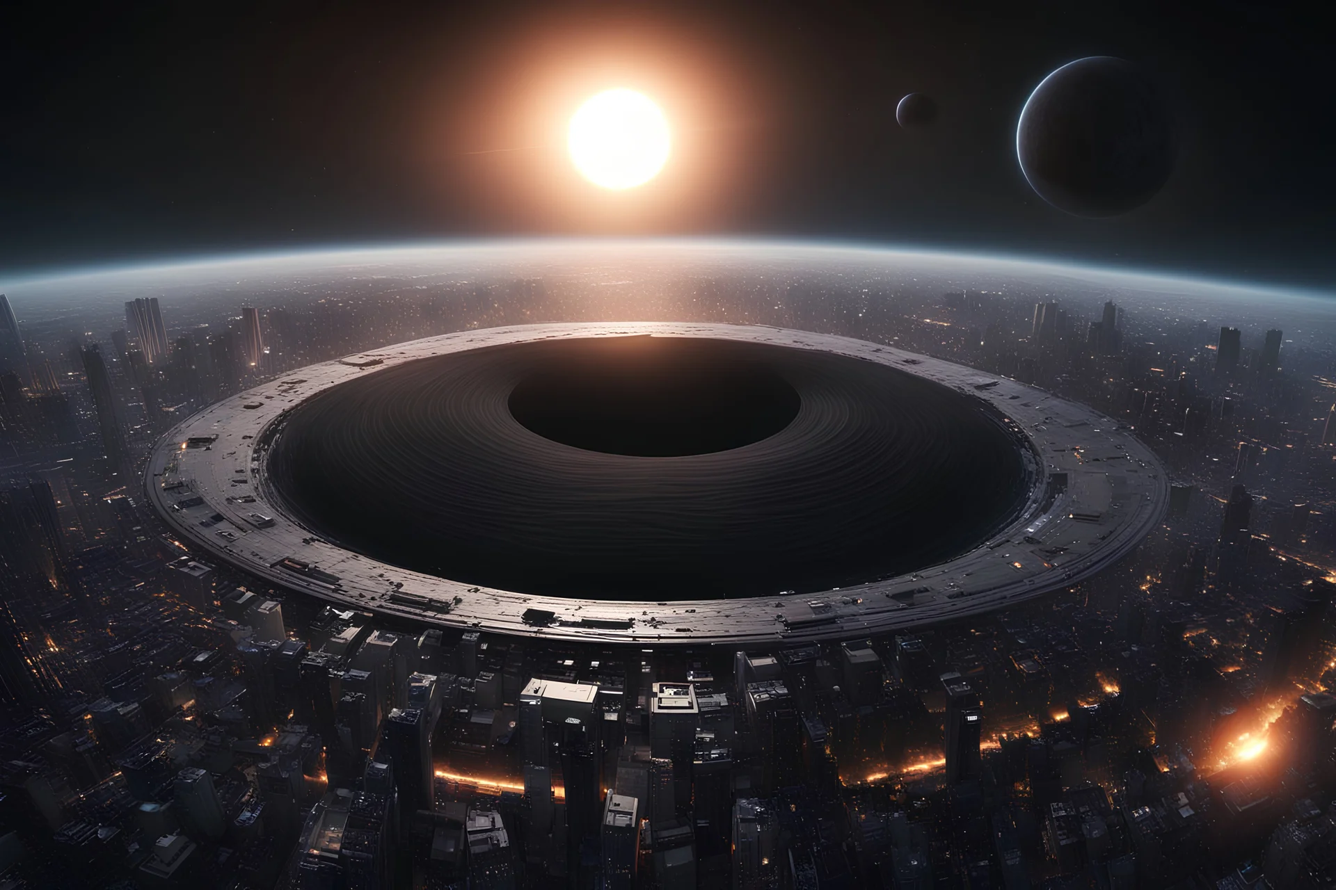 (Masterpiece) 4k quality, photorealistic, event horizon black hole, Singularity_Sun, Extraterrestrial Planet, mega_cities, advanced technology, darkness, starless sky