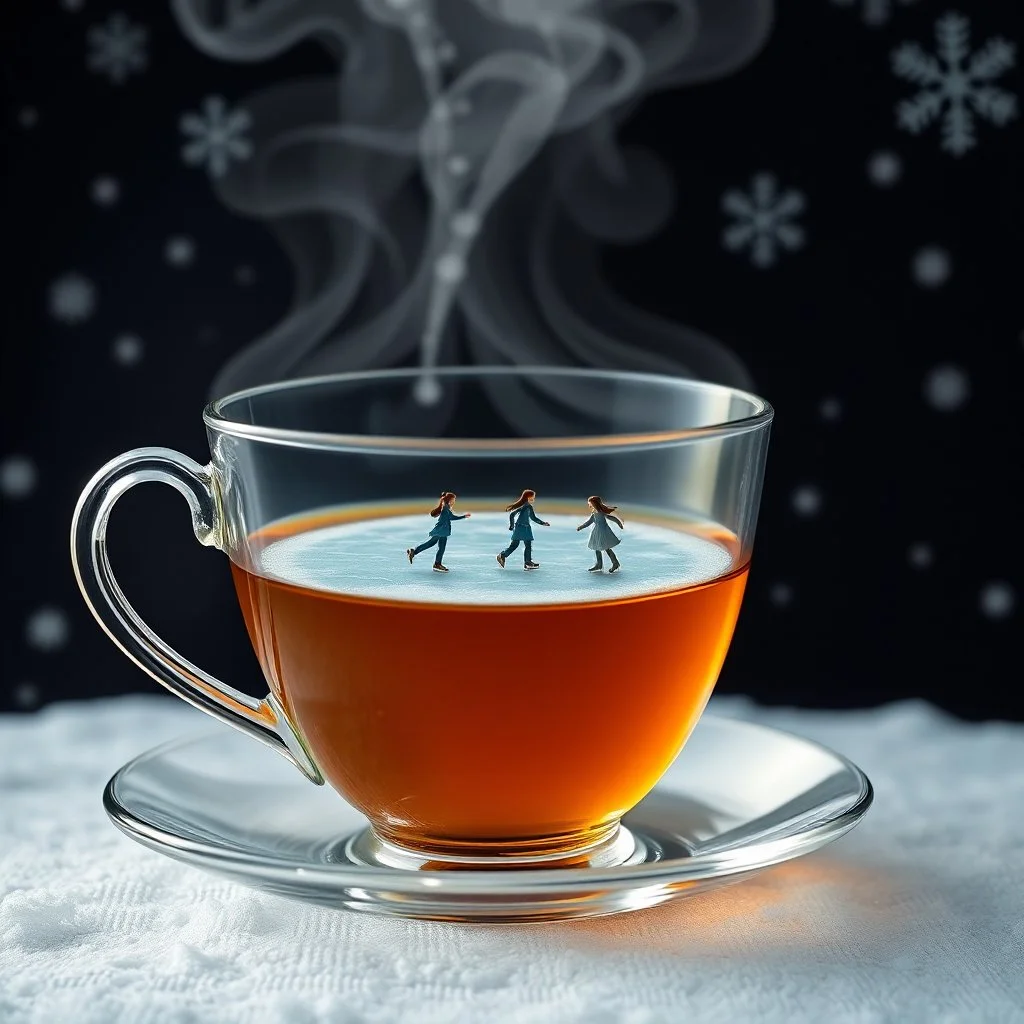 Fantastical teacup which has a ice skating rink on the surface of the tea where small female ice skaters are skating, cold temperatures, snowflakes on a dark background, ice vapors, surreal