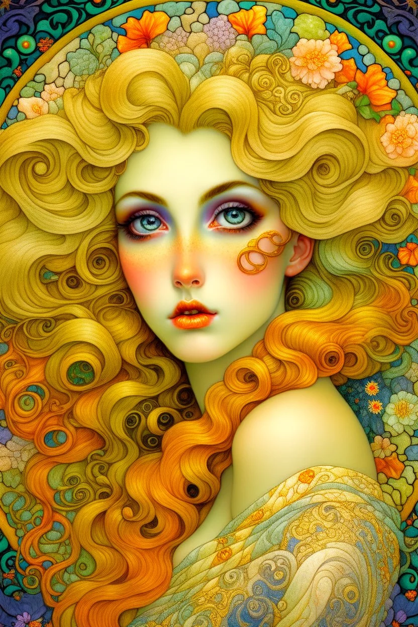 An ethereal portrait of a woman with flowing hair and piercing eyes, created with a mix of beauty and digital techniques, inspired by the works of Alphonse Mucha and Gustav Klimt